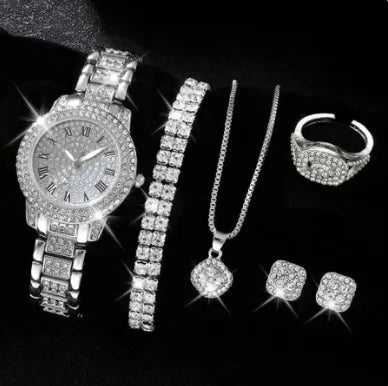 6pcs/set Women's Watch Luxury Rhinestone Quartz Watch Hiphop Fashion Analog Wrist Watch & Jewelry Set, Gift For Mom Her - LOCKDEALZ