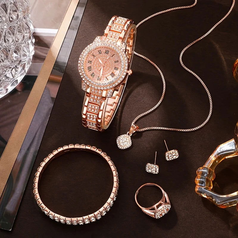 6pcs/set Women's Watch Luxury Rhinestone Quartz Watch Hiphop Fashion Analog Wrist Watch & Jewelry Set, Gift For Mom Her - LOCKDEALZ
