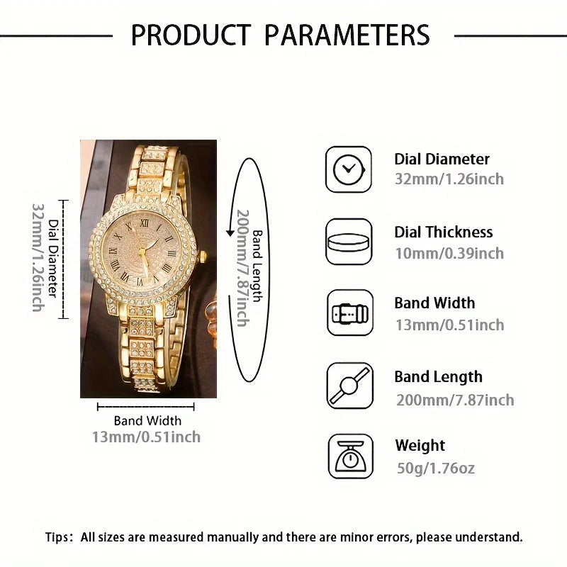 6pcs/set Women's Watch Luxury Rhinestone Quartz Watch Hiphop Fashion Analog Wrist Watch & Jewelry Set, Gift For Mom Her - LOCKDEALZ