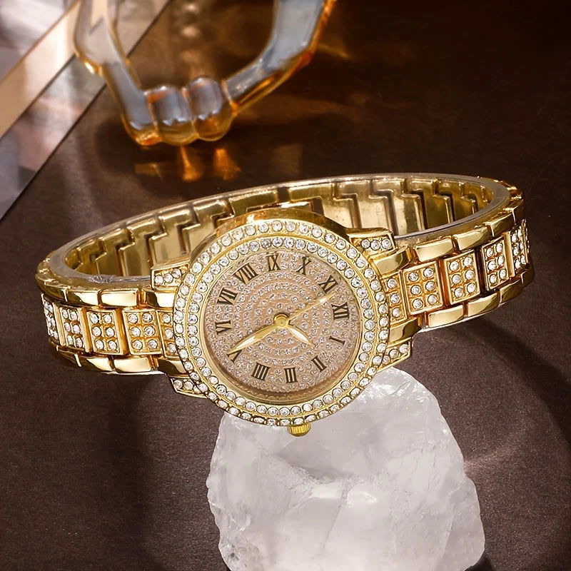 6pcs/set Women's Watch Luxury Rhinestone Quartz Watch Hiphop Fashion Analog Wrist Watch & Jewelry Set, Gift For Mom Her - LOCKDEALZ