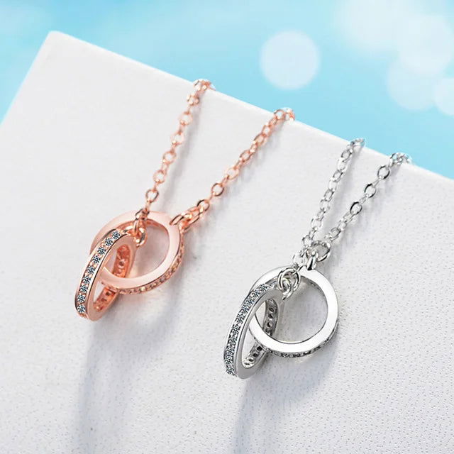 925 Sterling Silver Double Circle CZ Zirconia Necklaces & Pendants For Women Gift kolye choker collares bijoux S-N61 - LOCKDEALZ