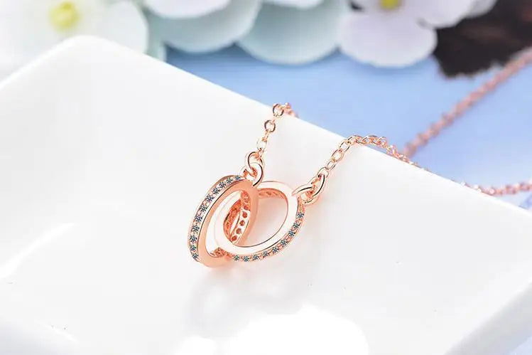 925 Sterling Silver Double Circle CZ Zirconia Necklaces & Pendants For Women Gift kolye choker collares bijoux S-N61 - LOCKDEALZ
