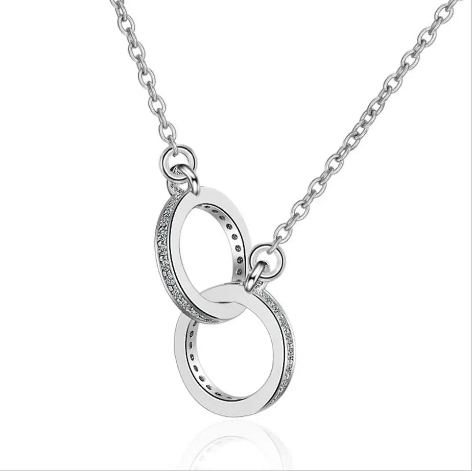 925 Sterling Silver Double Circle CZ Zirconia Necklaces & Pendants For Women Gift kolye choker collares bijoux S-N61 - LOCKDEALZ