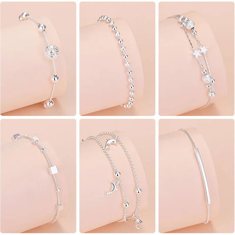 925 Sterling Silver Lucky Bead Charm Bracelet For Women Chain Round Bangles Fashion Luxury Quality Jewelry Christmas Accessories - LOCKDEALZ
