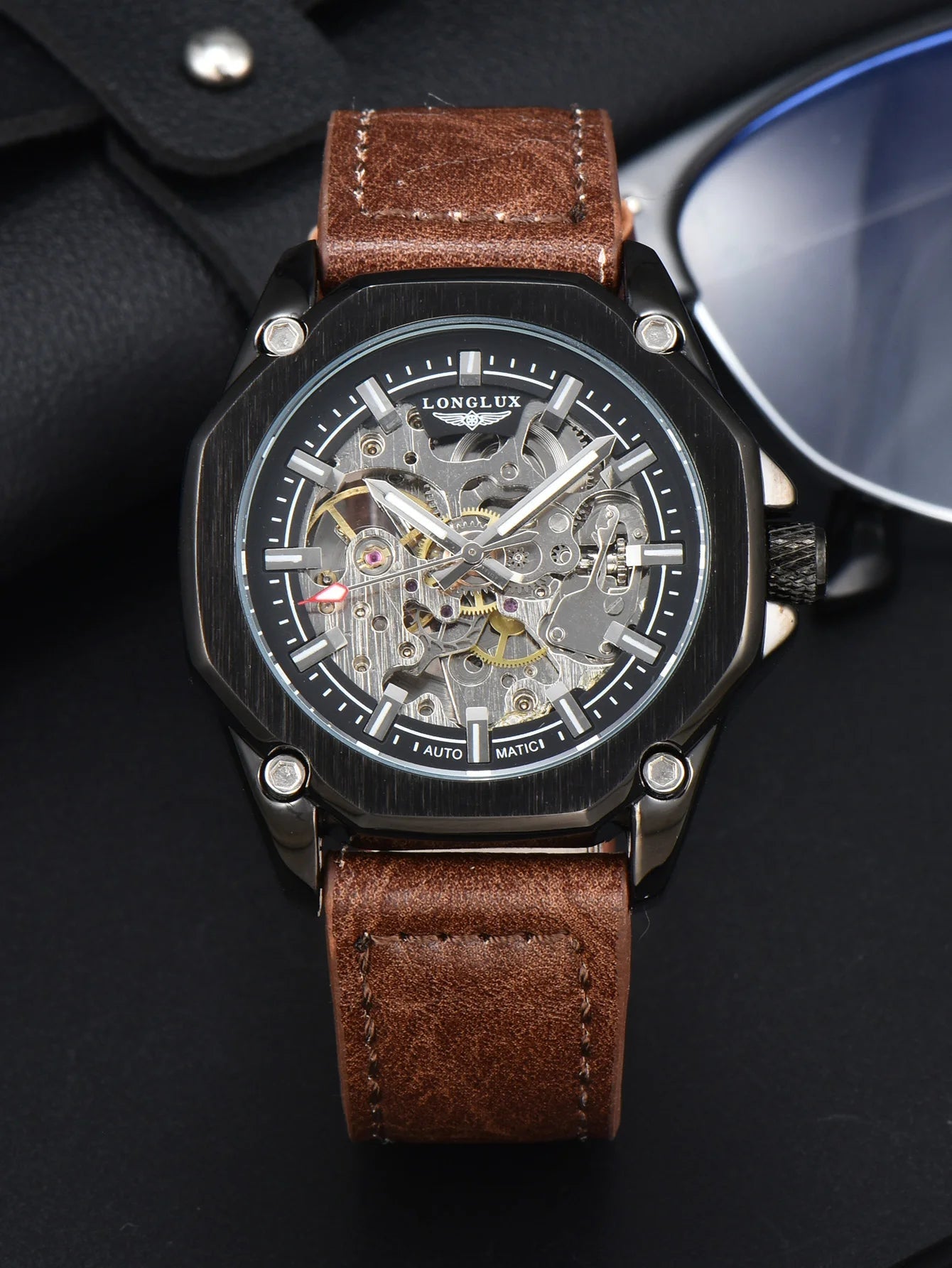 Automatic watch for men luxury skeleton waterproof leather - LOCKDEALZ