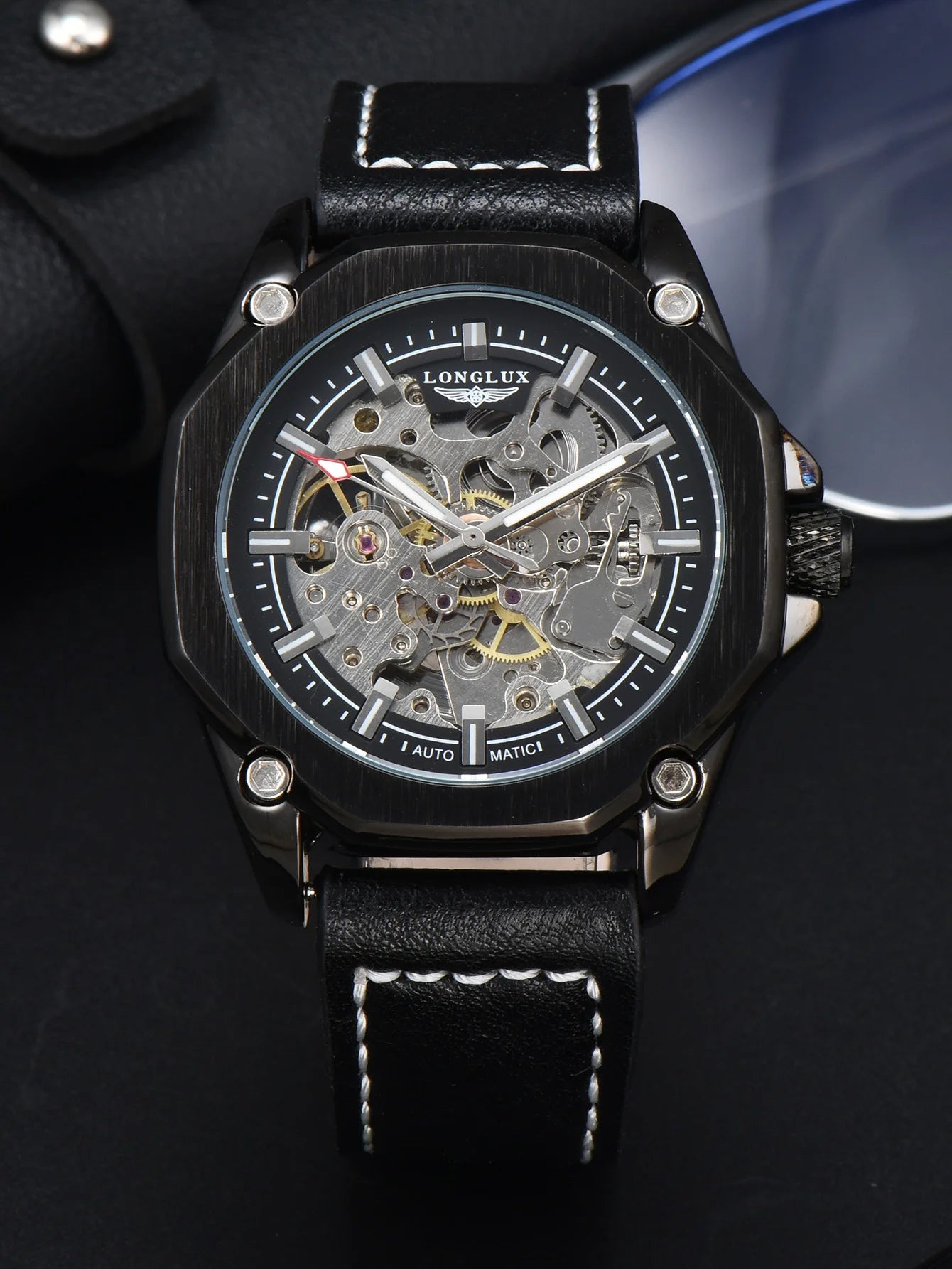 Automatic watch for men luxury skeleton waterproof leather - LOCKDEALZ