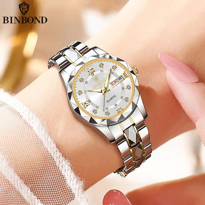 BINBOND B2521 Top Brand Luxury Fashion Business Womens Quartz Watches 30M Waterproof Week Date Clock Sport Womens Wristwatch - LOCKDEALZ