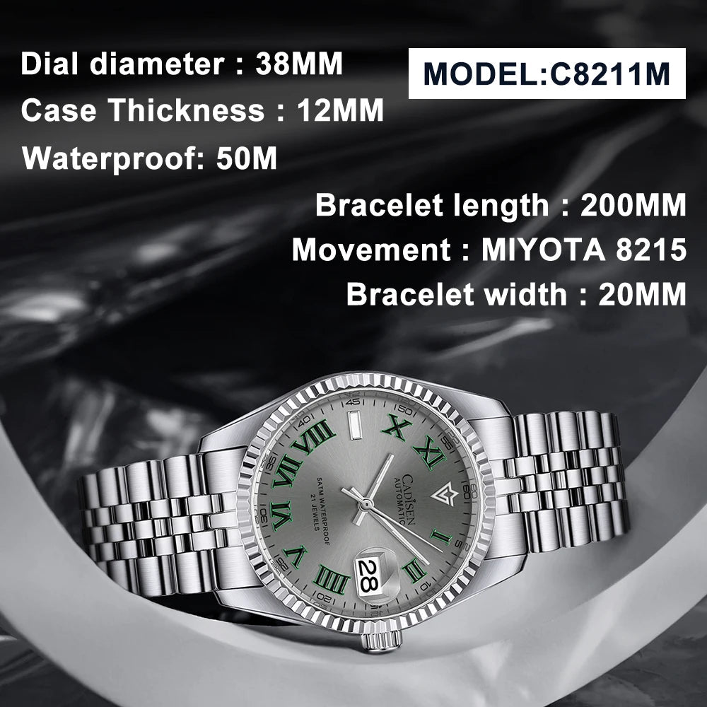 CADISEN 38MM Men's Automatic Mechanical Watch Luxury AR Sapphire Glass Water Resistant Stainless Steel MIYOTA 8215 Reloj Hombre - LOCKDEALZ