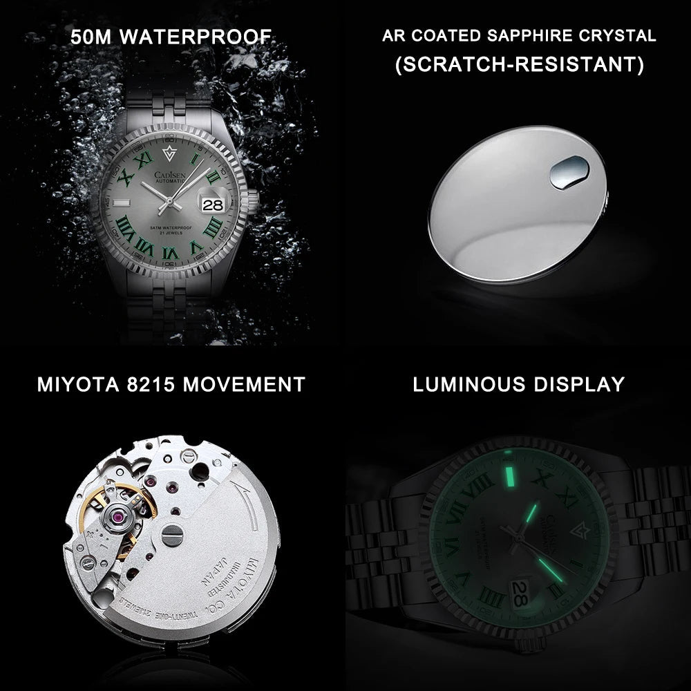 CADISEN 38MM Men's Automatic Mechanical Watch Luxury AR Sapphire Glass Water Resistant Stainless Steel MIYOTA 8215 Reloj Hombre - LOCKDEALZ