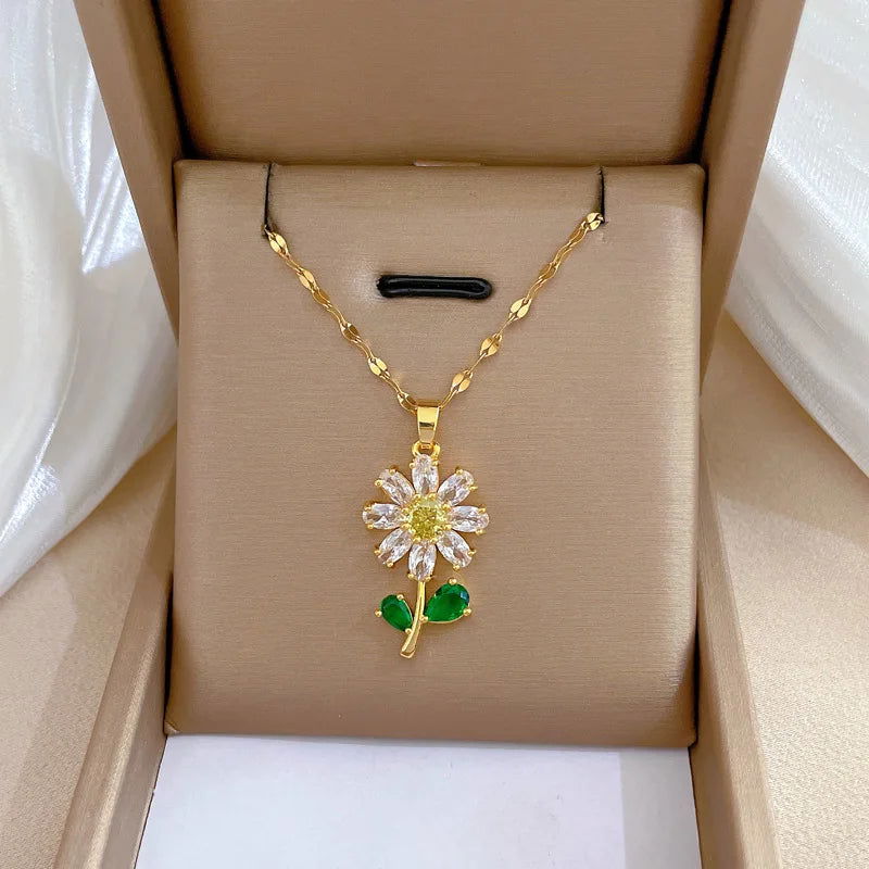 Classic Green Leaf Flower Necklace and Earrings Set Light Luxury Sunflower Personalized Banquet Stainless Steel Jewelry - LOCKDEALZ