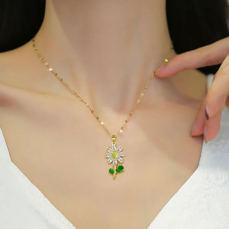 Classic Green Leaf Flower Necklace and Earrings Set Light Luxury Sunflower Personalized Banquet Stainless Steel Jewelry - LOCKDEALZ