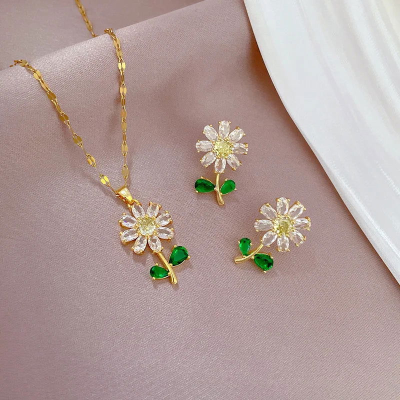 Classic Green Leaf Flower Necklace and Earrings Set Light Luxury Sunflower Personalized Banquet Stainless Steel Jewelry - LOCKDEALZ