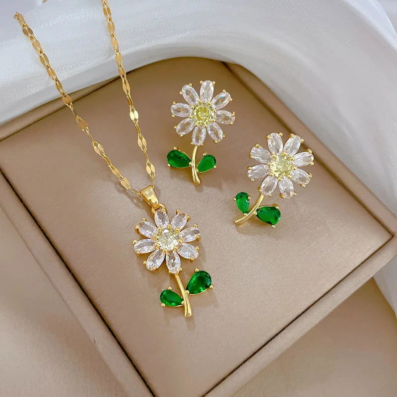 Classic Green Leaf Flower Necklace and Earrings Set Light Luxury Sunflower Personalized Banquet Stainless Steel Jewelry - LOCKDEALZ