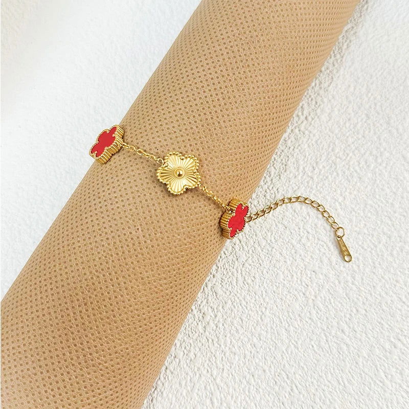 Clover Women's Hand Bracelets Flower Mothers Day Double Sided Stainless Steel Bracelet Charm Fashion Jewelry Accessories Gifts - LOCKDEALZ