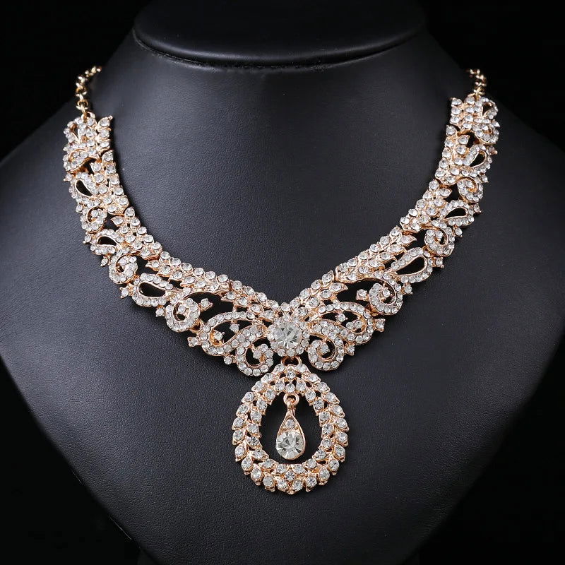 Crystal Necklaces Fashion Gold Color Rhinestone Choker Necklaces earrings set  for Women Geometric Bridal Weddings Jewelry Party - LOCKDEALZ
