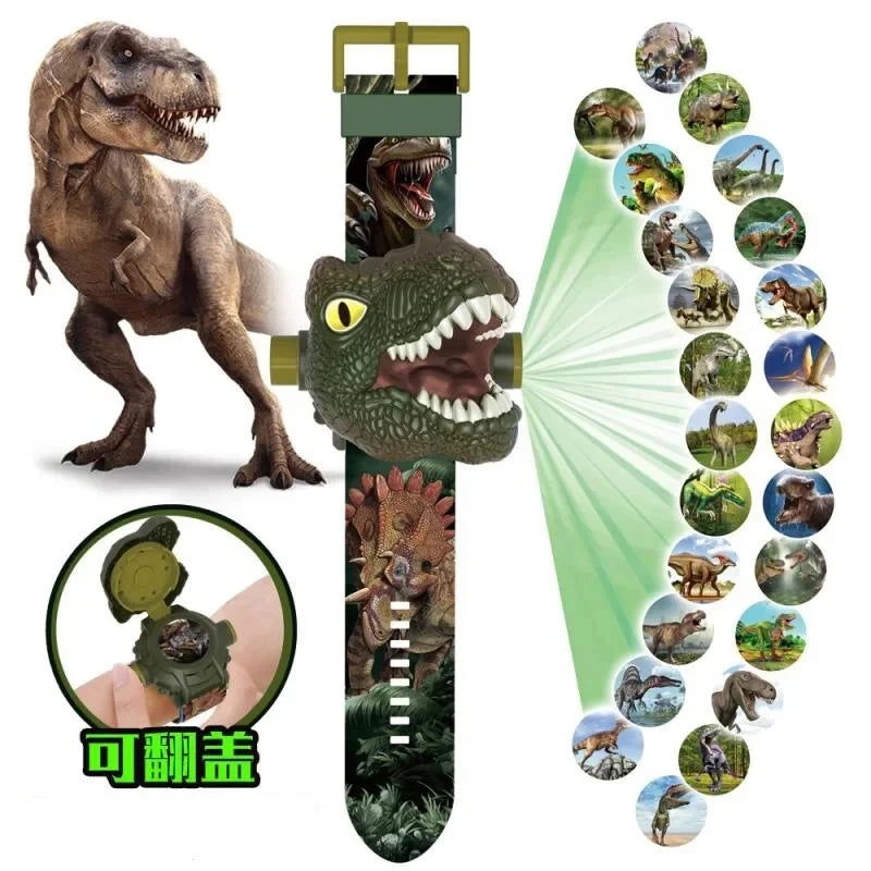 Dinosaur Toy Watch 3D Projection Pattern Action Figures Electronic Watch Children Flip Cover Cartoon Spiderman Glow Wrist Watch - LOCKDEALZ
