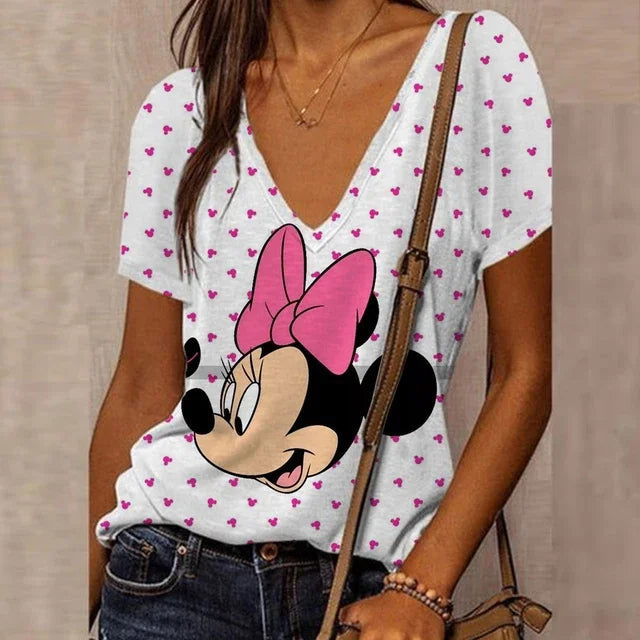 Disney Mickey Mouse Print Zomer T-Shirt Voor Dames Oversized T-Shirt Met V-Hals Kleding Pulovers Top Grafische T-Shirts Casual - LOCKDEALZ