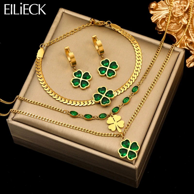 EILIECK 316L Stainless Steel Green Clover Zircon Necklace Bracelet Earrings Trendy For Women New Party Gift Luxury Jewelry 3-Set - LOCKDEALZ