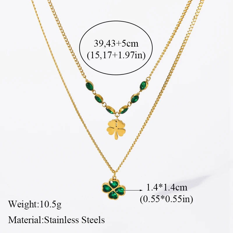 EILIECK 316L Stainless Steel Green Clover Zircon Necklace Bracelet Earrings Trendy For Women New Party Gift Luxury Jewelry 3-Set - LOCKDEALZ