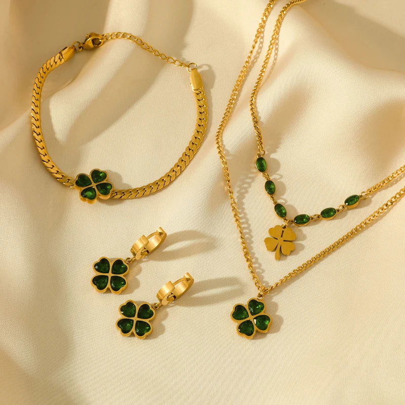 EILIECK 316L Stainless Steel Green Clover Zircon Necklace Bracelet Earrings Trendy For Women New Party Gift Luxury Jewelry 3-Set - LOCKDEALZ