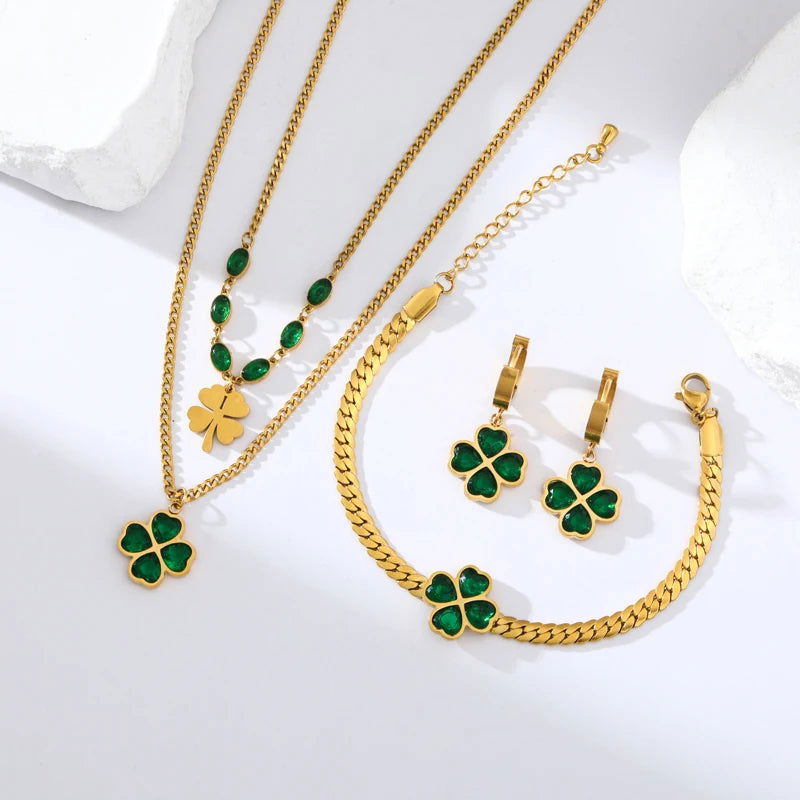 EILIECK 316L Stainless Steel Green Clover Zircon Necklace Bracelet Earrings Trendy For Women New Party Gift Luxury Jewelry 3-Set - LOCKDEALZ