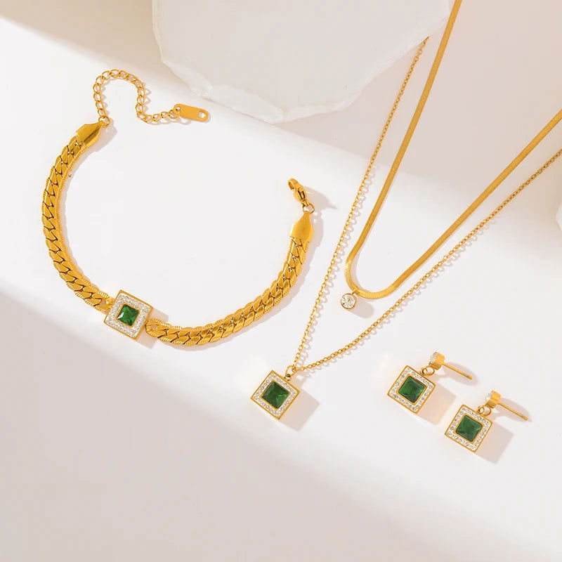 EILIECK 316L Stainless Steel Green Clover Zircon Necklace Bracelet Earrings Trendy For Women New Party Gift Luxury Jewelry 3-Set - LOCKDEALZ