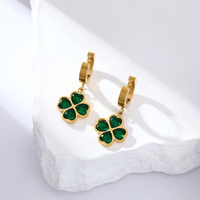 EILIECK 316L Stainless Steel Green Clover Zircon Necklace Bracelet Earrings Trendy For Women New Party Gift Luxury Jewelry 3-Set - LOCKDEALZ