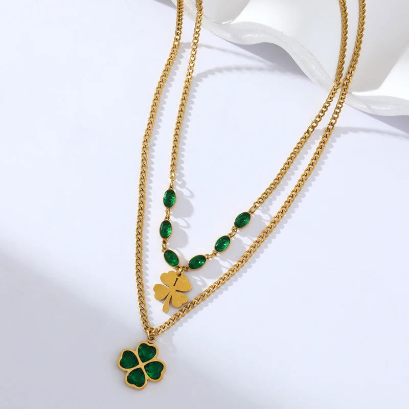 EILIECK 316L Stainless Steel Green Clover Zircon Necklace Bracelet Earrings Trendy For Women New Party Gift Luxury Jewelry 3-Set - LOCKDEALZ