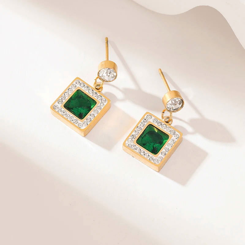 EILIECK 316L Stainless Steel Green Clover Zircon Necklace Bracelet Earrings Trendy For Women New Party Gift Luxury Jewelry 3-Set - LOCKDEALZ