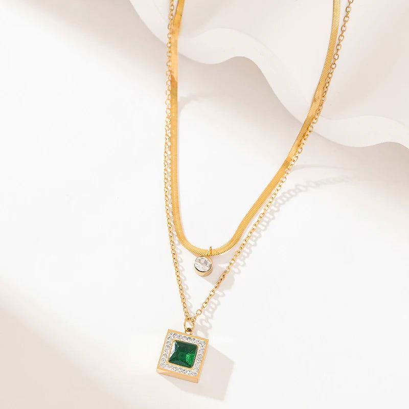 EILIECK 316L Stainless Steel Green Clover Zircon Necklace Bracelet Earrings Trendy For Women New Party Gift Luxury Jewelry 3-Set - LOCKDEALZ