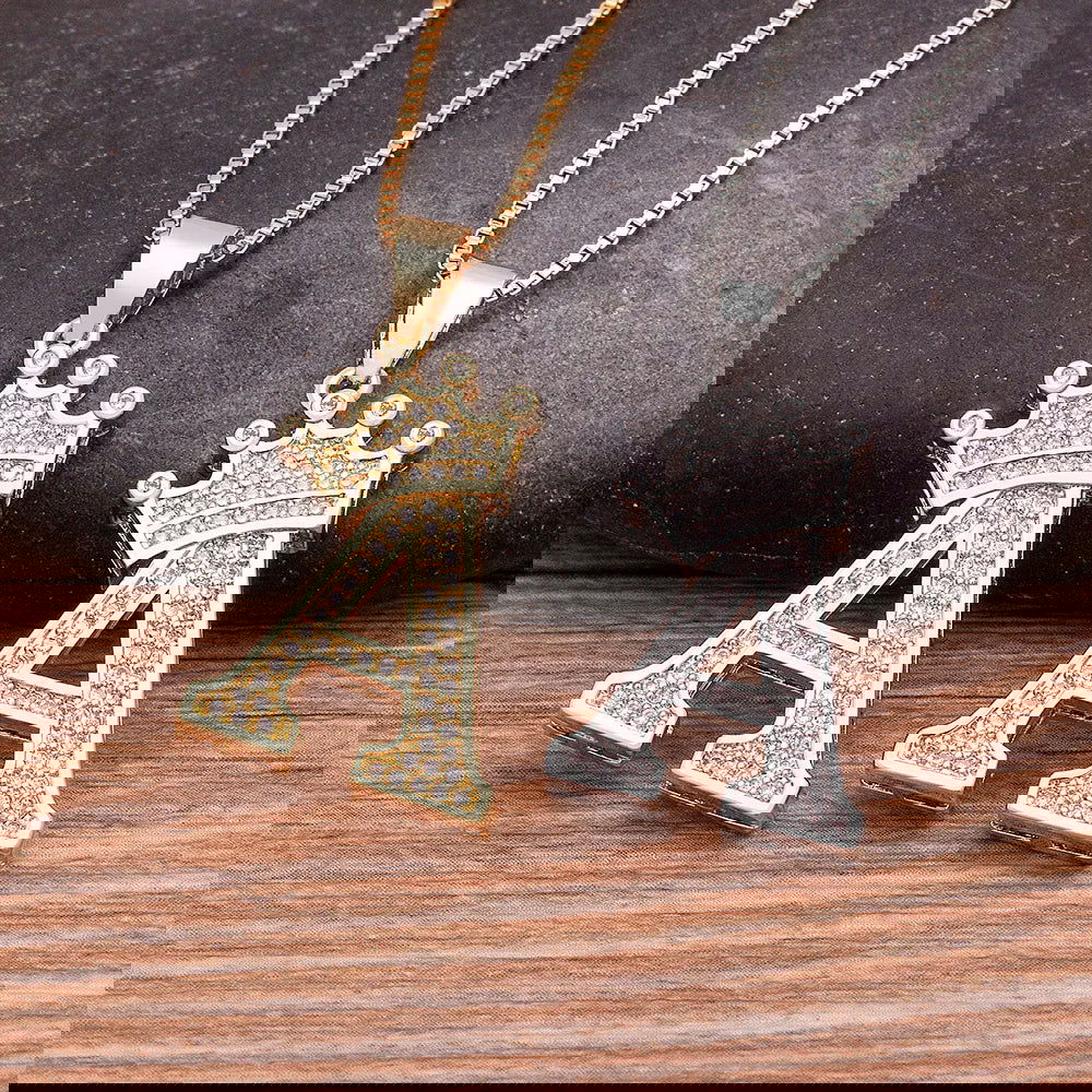 Fashion Luxury A-Z Crown Alphabet Pendant Chain Necklace Punk Style Lucky Initial Name Jewelry Best Party Wedding Birthday Gift - LOCKDEALZ