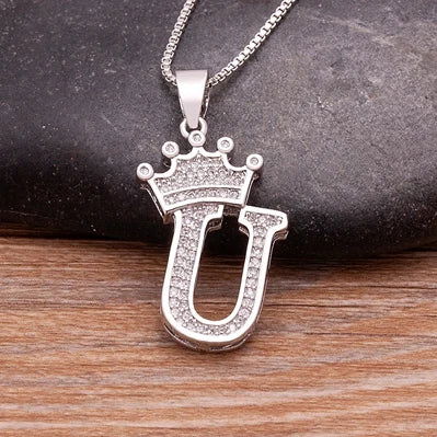 Fashion Luxury A-Z Crown Alphabet Pendant Chain Necklace Punk Style Lucky Initial Name Jewelry Best Party Wedding Birthday Gift - LOCKDEALZ