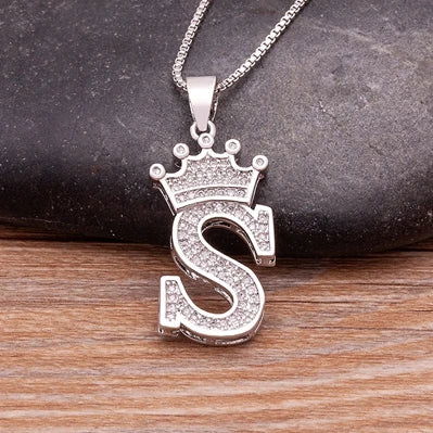Fashion Luxury A-Z Crown Alphabet Pendant Chain Necklace Punk Style Lucky Initial Name Jewelry Best Party Wedding Birthday Gift - LOCKDEALZ