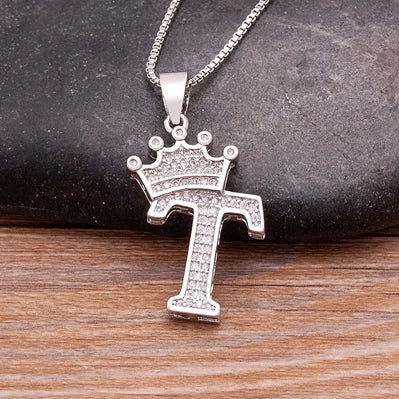 Fashion Luxury A-Z Crown Alphabet Pendant Chain Necklace Punk Style Lucky Initial Name Jewelry Best Party Wedding Birthday Gift - LOCKDEALZ