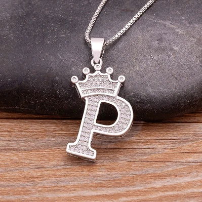 Fashion Luxury A-Z Crown Alphabet Pendant Chain Necklace Punk Style Lucky Initial Name Jewelry Best Party Wedding Birthday Gift - LOCKDEALZ