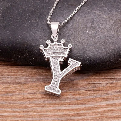 Fashion Luxury A-Z Crown Alphabet Pendant Chain Necklace Punk Style Lucky Initial Name Jewelry Best Party Wedding Birthday Gift - LOCKDEALZ