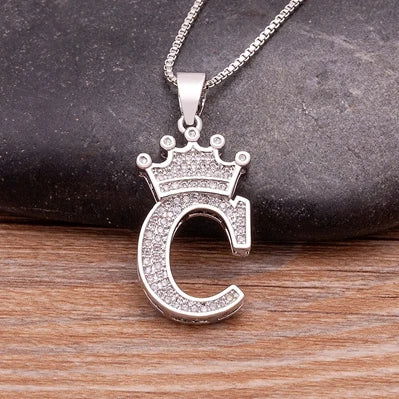 Fashion Luxury A-Z Crown Alphabet Pendant Chain Necklace Punk Style Lucky Initial Name Jewelry Best Party Wedding Birthday Gift - LOCKDEALZ