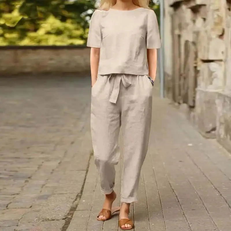 Fashion Women's Cotton Hemp Summer Khaki Round Neck Short Sleeve Loose Top High Waist Pocket Wide Leg Pants Retro 2 Piece Set - LOCKDEALZ
