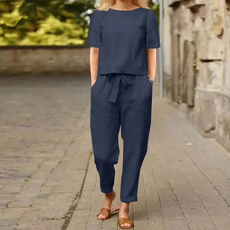 Fashion Women's Cotton Hemp Summer Khaki Round Neck Short Sleeve Loose Top High Waist Pocket Wide Leg Pants Retro 2 Piece Set - LOCKDEALZ