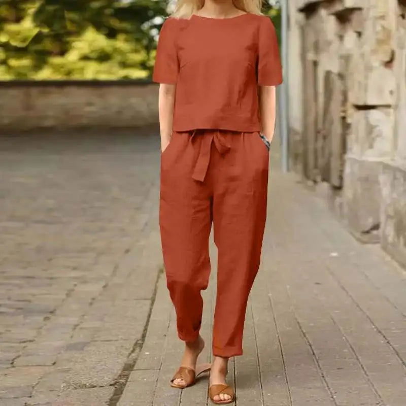 Fashion Women's Cotton Hemp Summer Khaki Round Neck Short Sleeve Loose Top High Waist Pocket Wide Leg Pants Retro 2 Piece Set - LOCKDEALZ