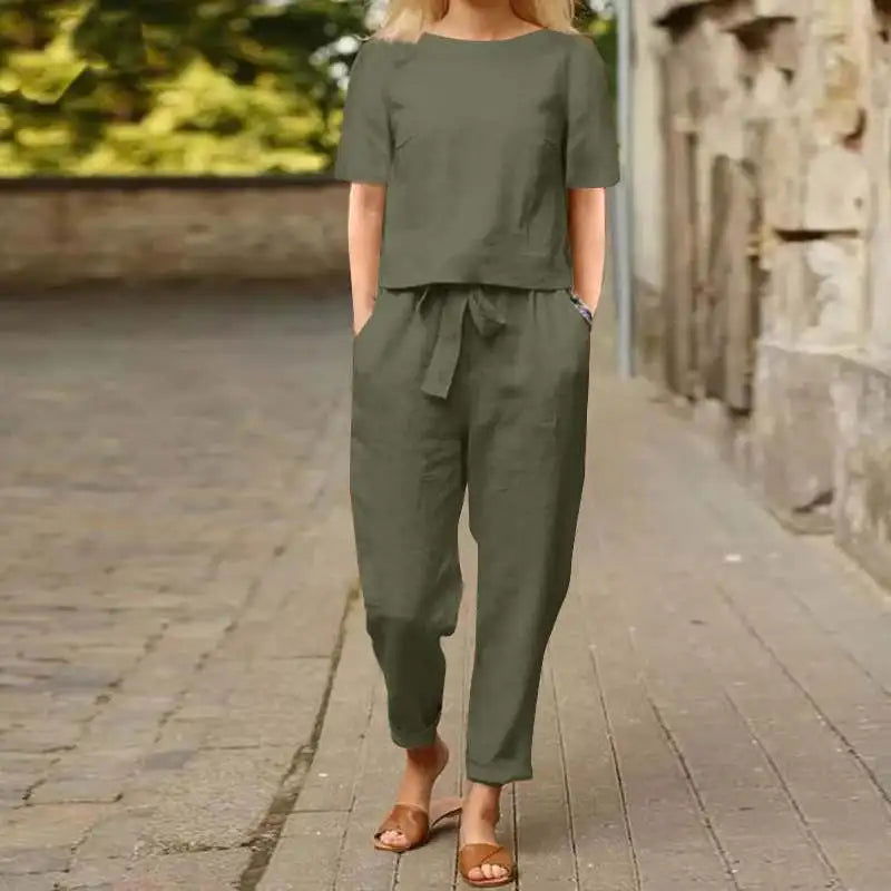 Fashion Women's Cotton Hemp Summer Khaki Round Neck Short Sleeve Loose Top High Waist Pocket Wide Leg Pants Retro 2 Piece Set - LOCKDEALZ
