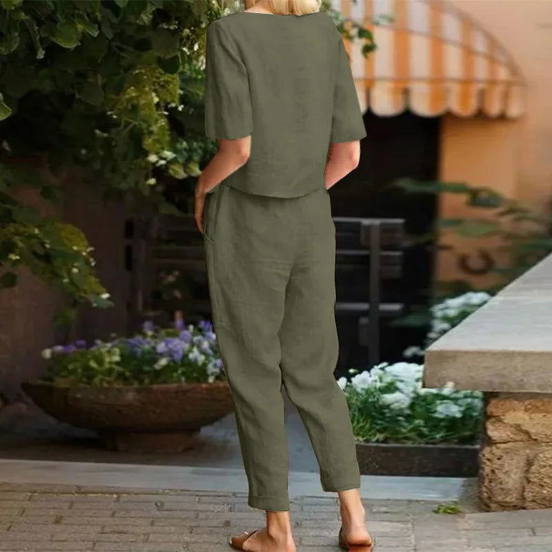 Fashion Women's Cotton Hemp Summer Khaki Round Neck Short Sleeve Loose Top High Waist Pocket Wide Leg Pants Retro 2 Piece Set - LOCKDEALZ