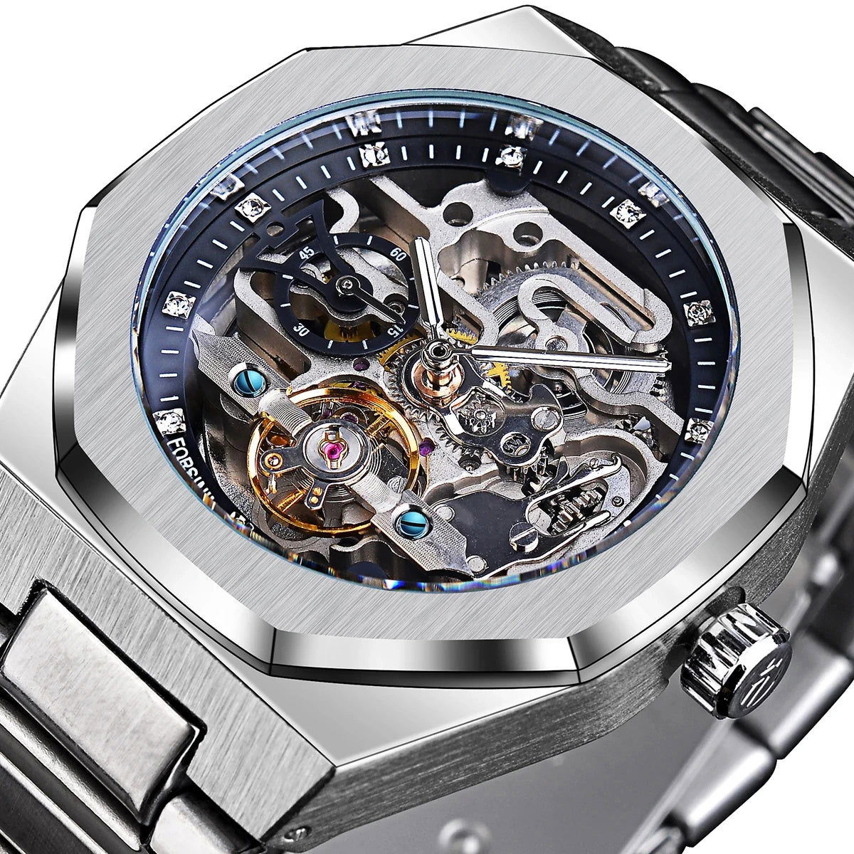 Forsining Silver Automatic Watch Men 3D Diamond Dial Irregular Tourbillon Skeleton Mechanical Wristwatches Luminous Hands Clock - LOCKDEALZ