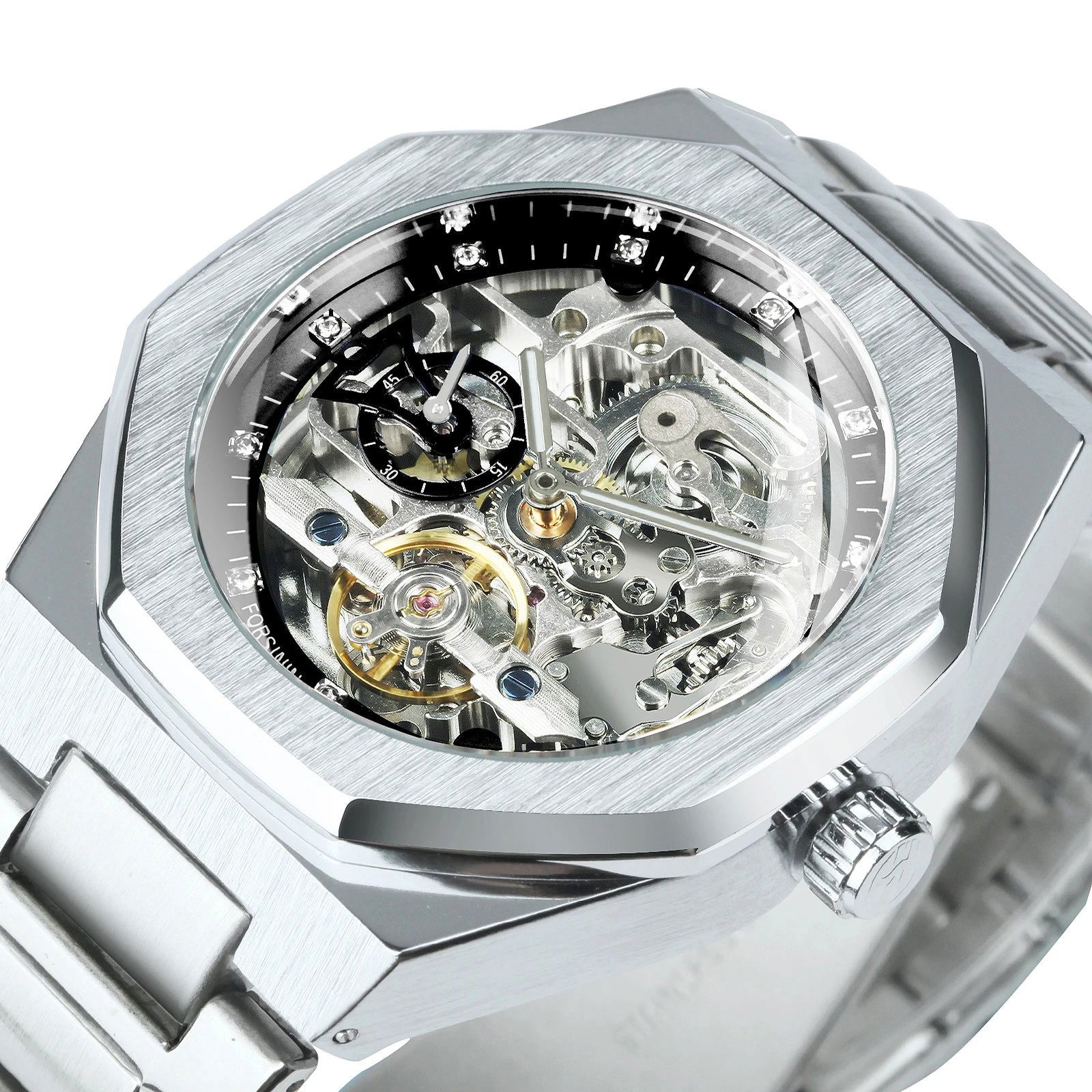 Forsining Silver Automatic Watch Men 3D Diamond Dial Irregular Tourbillon Skeleton Mechanical Wristwatches Luminous Hands Clock - LOCKDEALZ
