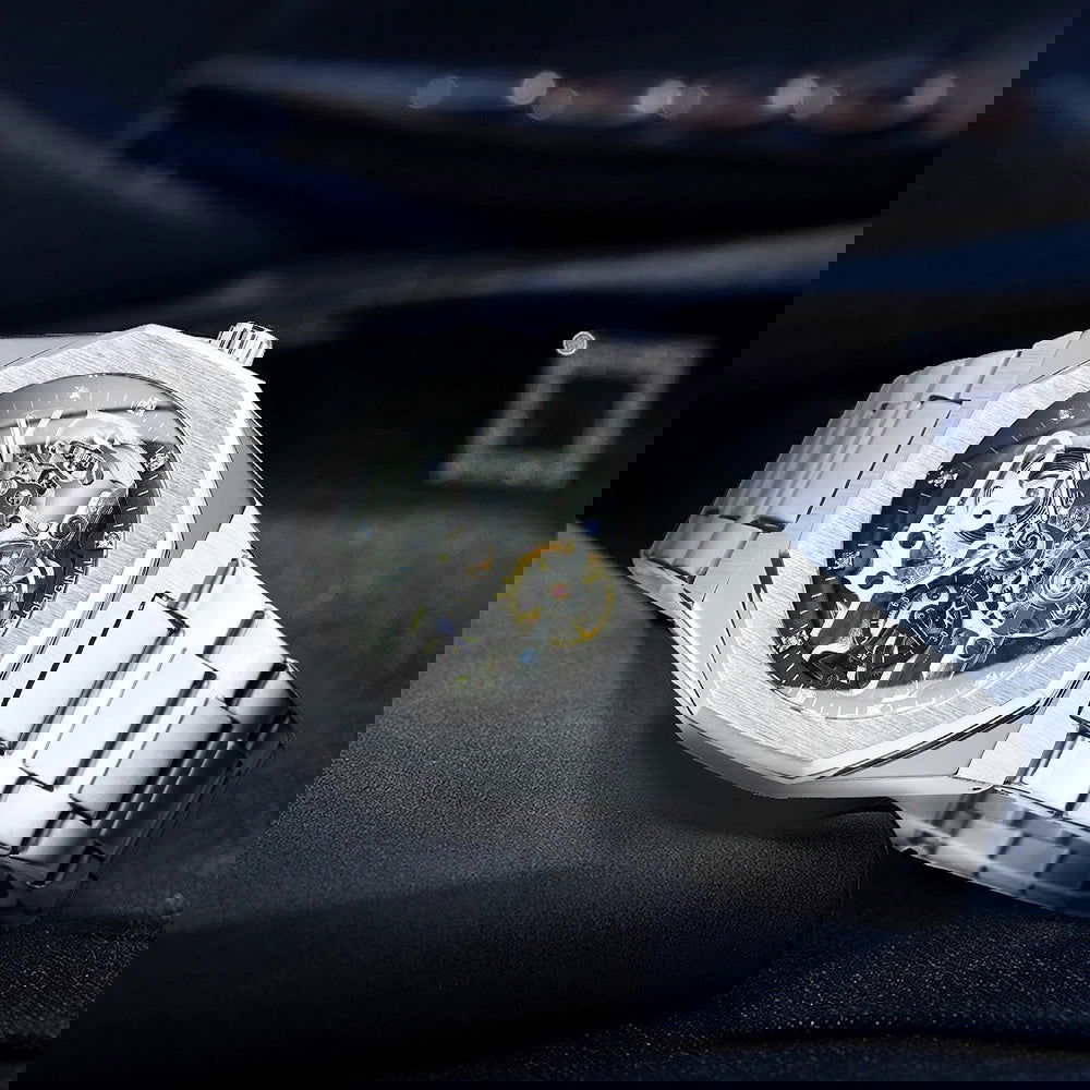 Forsining Silver Automatic Watch Men 3D Diamond Dial Irregular Tourbillon Skeleton Mechanical Wristwatches Luminous Hands Clock - LOCKDEALZ