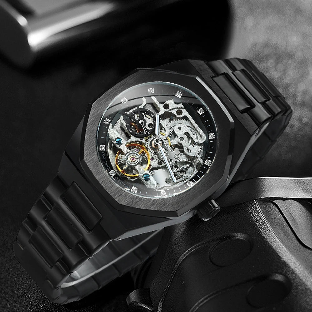 Forsining Silver Automatic Watch Men 3D Diamond Dial Irregular Tourbillon Skeleton Mechanical Wristwatches Luminous Hands Clock - LOCKDEALZ