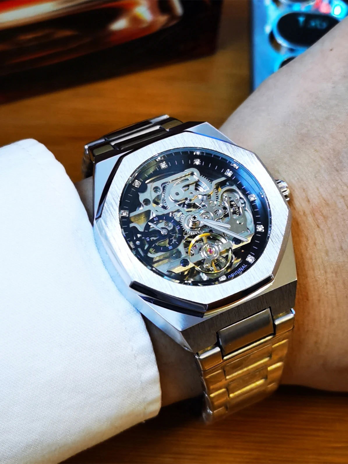 Forsining Silver Automatic Watch Men 3D Diamond Dial Irregular Tourbillon Skeleton Mechanical Wristwatches Luminous Hands Clock - LOCKDEALZ