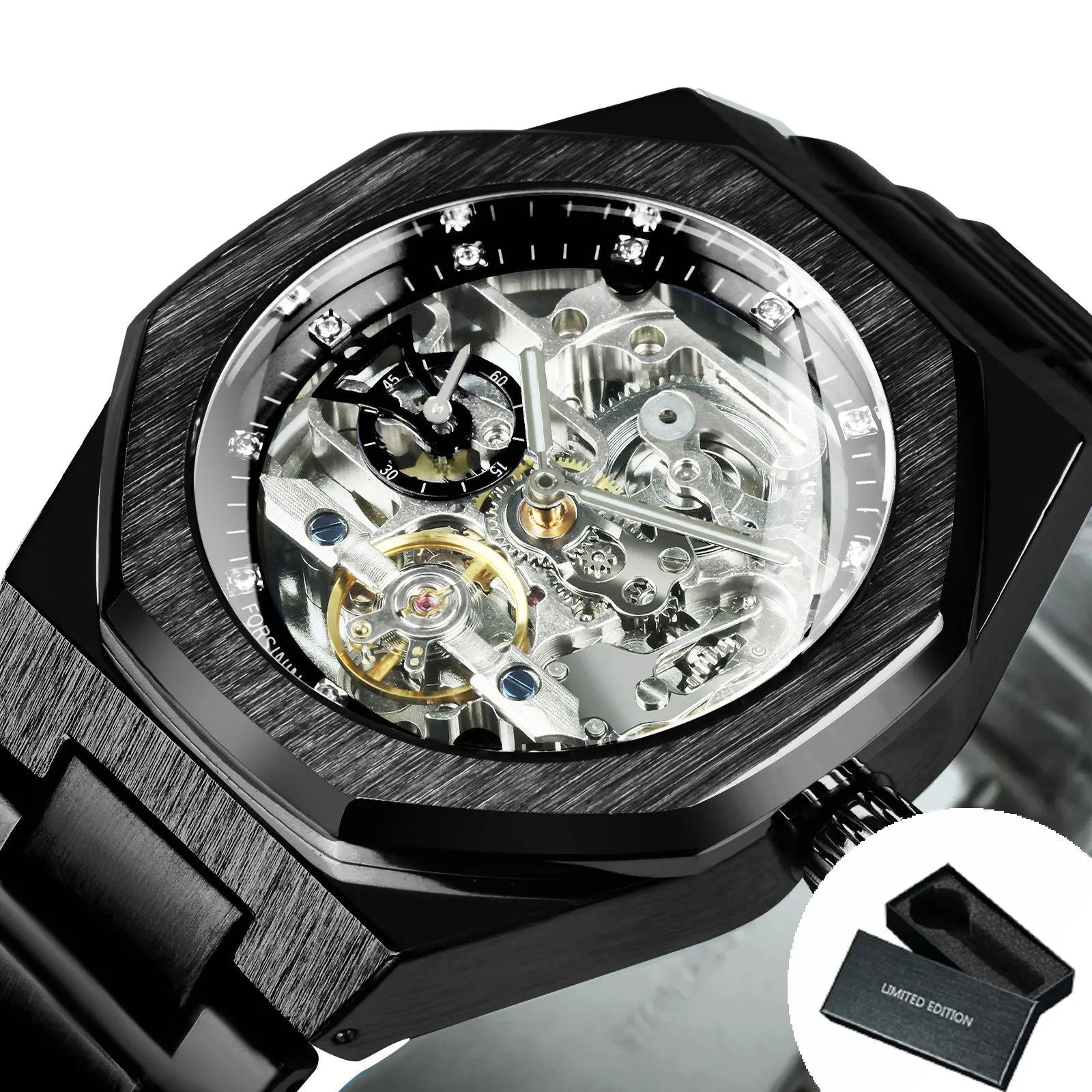 Forsining Silver Automatic Watch Men 3D Diamond Dial Irregular Tourbillon Skeleton Mechanical Wristwatches Luminous Hands Clock - LOCKDEALZ