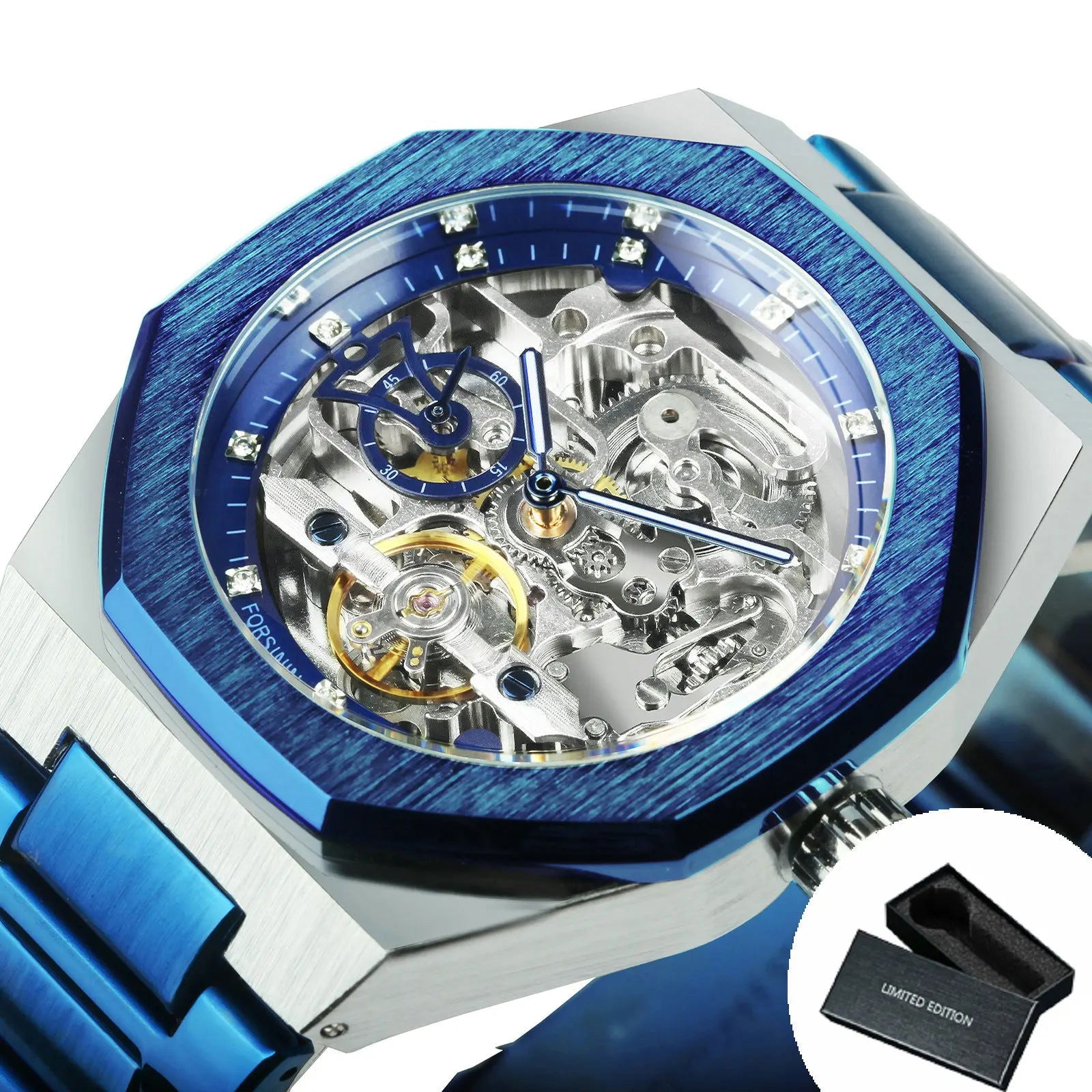 Forsining Silver Automatic Watch Men 3D Diamond Dial Irregular Tourbillon Skeleton Mechanical Wristwatches Luminous Hands Clock - LOCKDEALZ