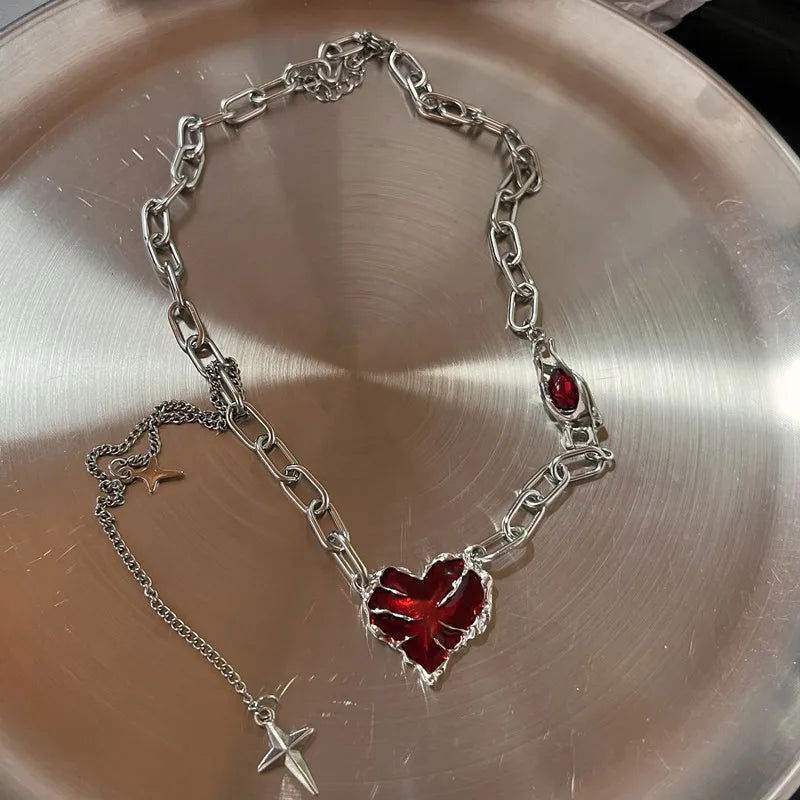 Gothic Red Peach Heart Pendant Necklace For Women Girls Sliver Ghost Claw Love Short Choker PunkClavicle Chain Gifts - LOCKDEALZ